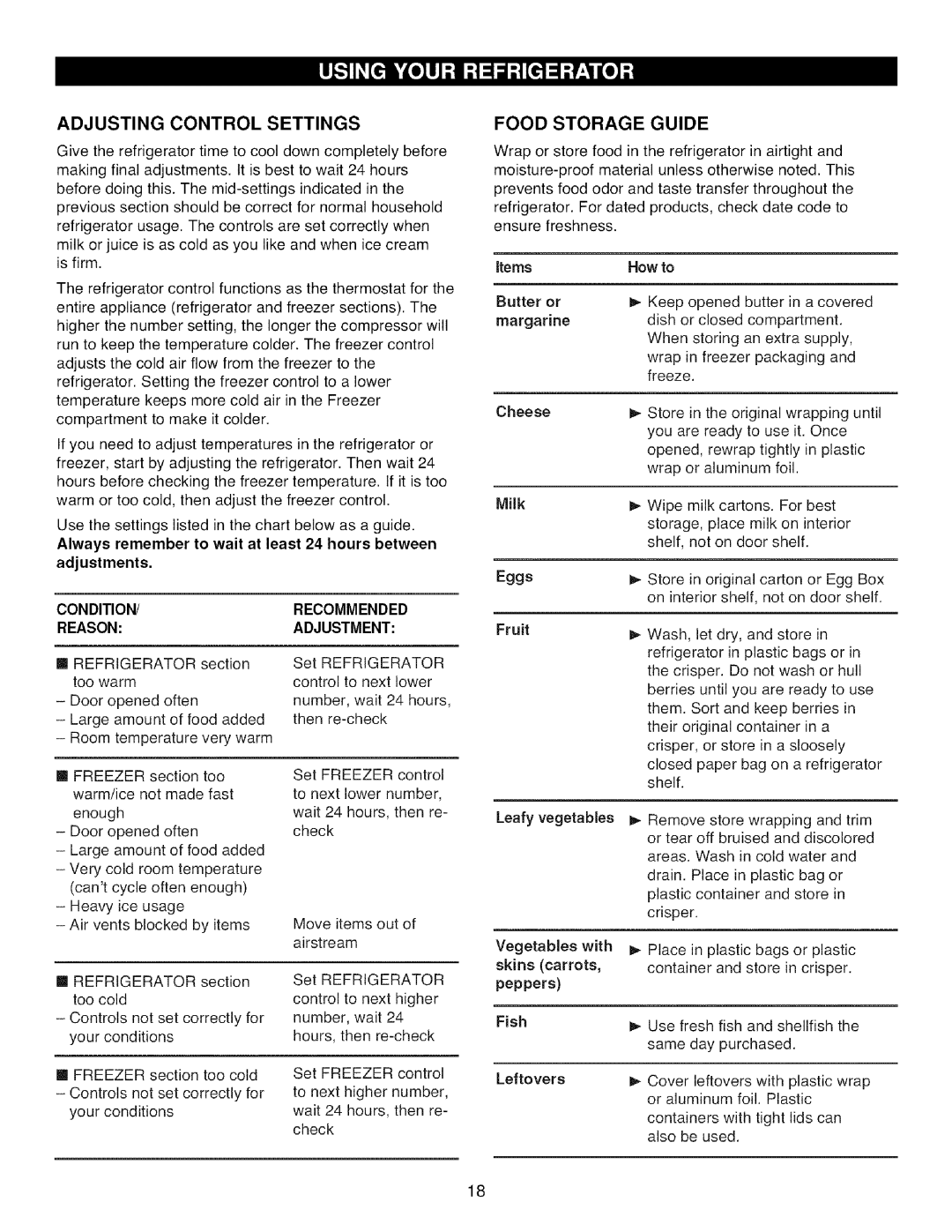 Kenmore 795.785 manual Adjusting Control Settings, Food Storage Guide, Items, Milk 