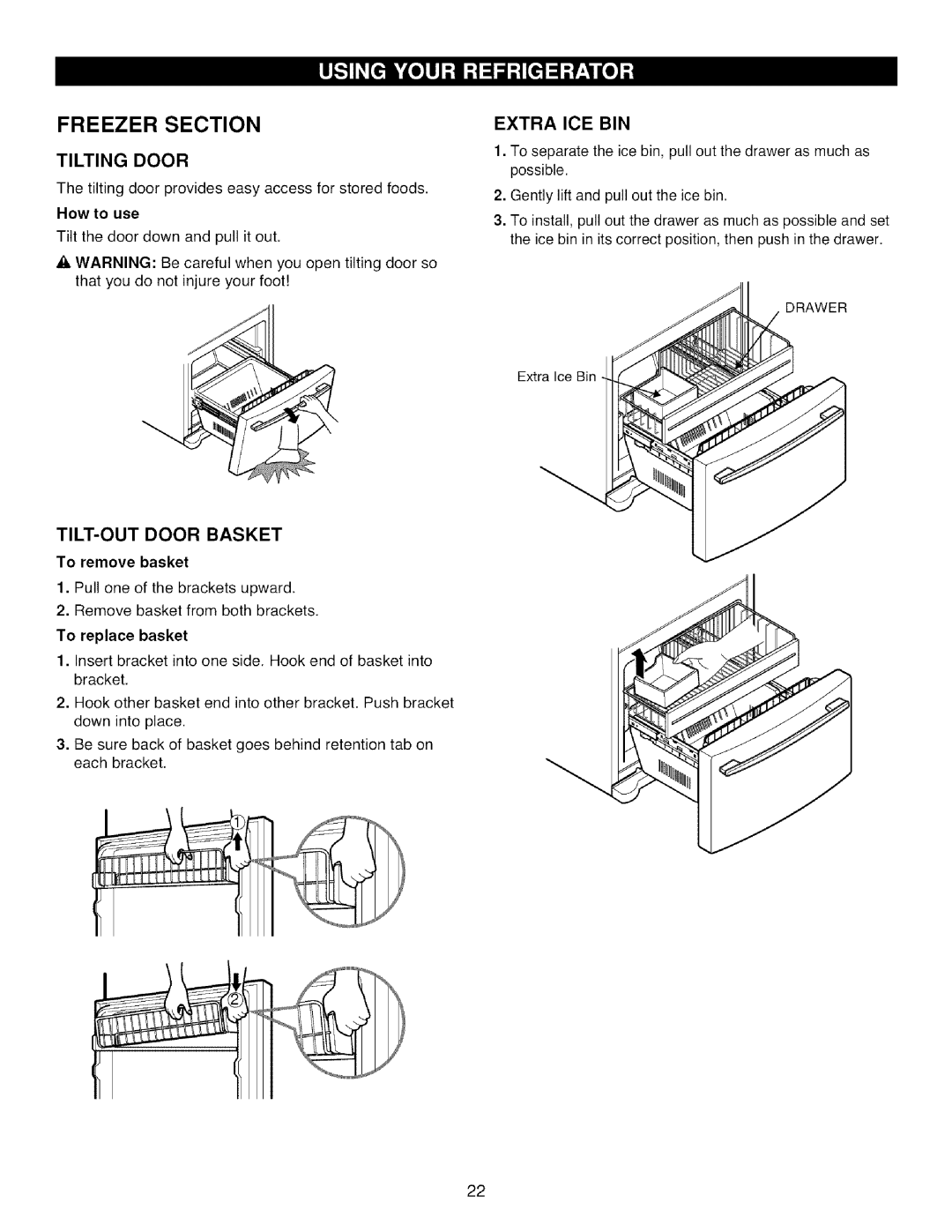 Kenmore 795.785 manual Tilting Door, Extra ICE BIN, TILT-OUT Door Basket, How to use 