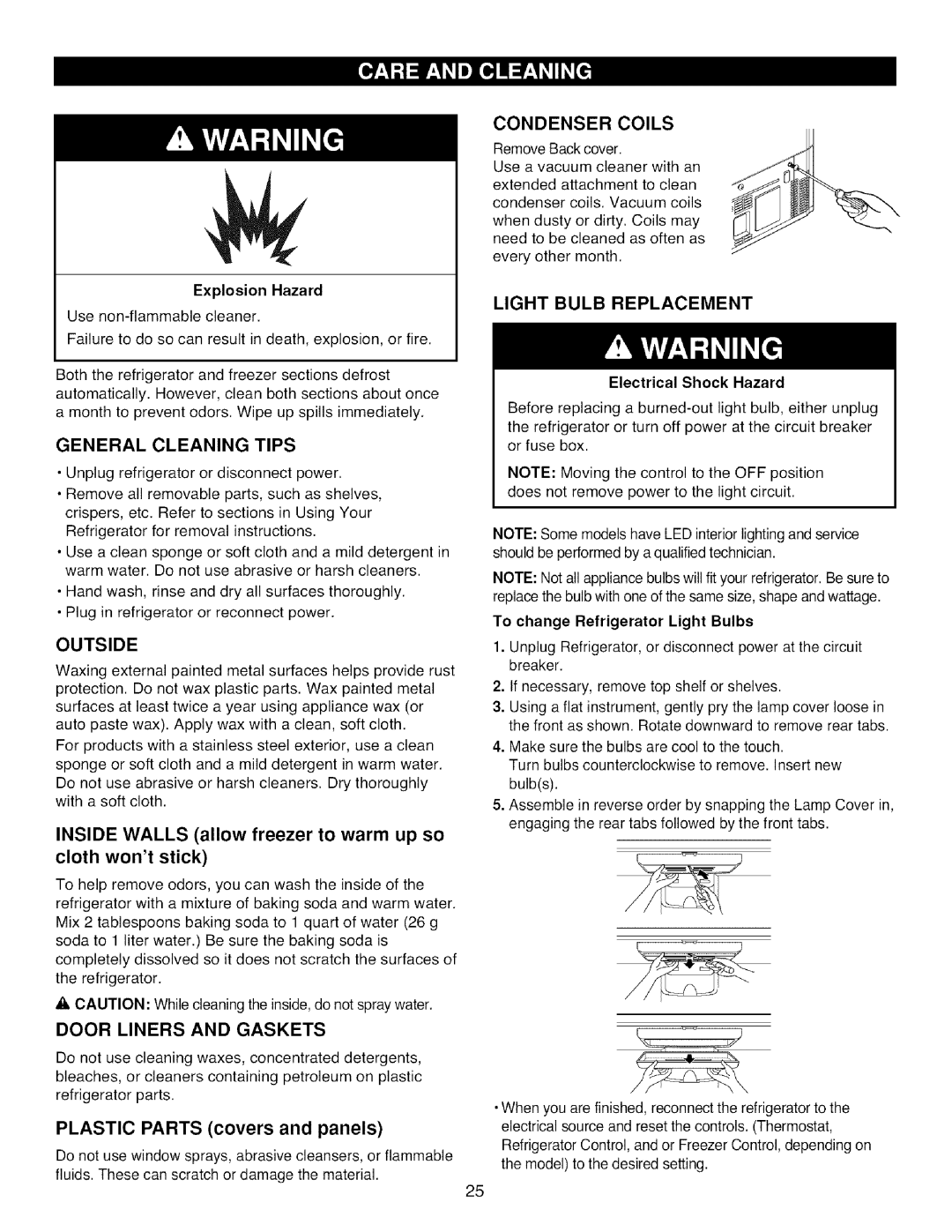 Kenmore 795.785 manual General Cleaning Tips, Outside, Door Liners and Gaskets, Condenser Coils, Light Bulb Replacement 