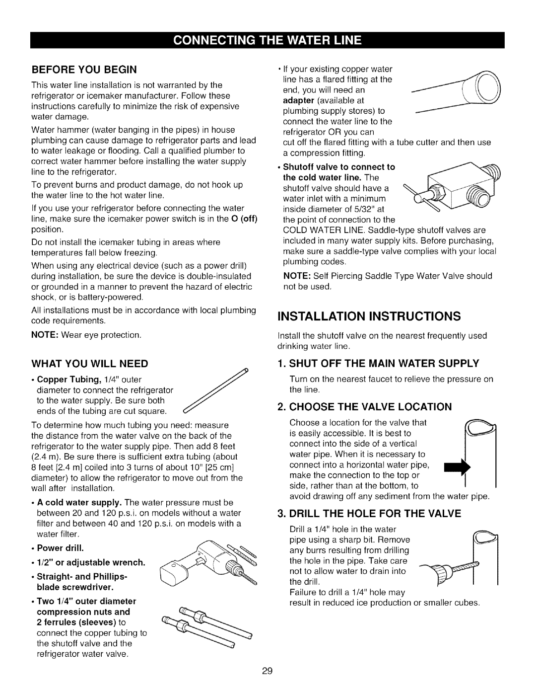 Kenmore 795.785 manual Before YOU Begin, What YOU will Need, Shut OFF the Main Water Supply, Choose the Valve Location 