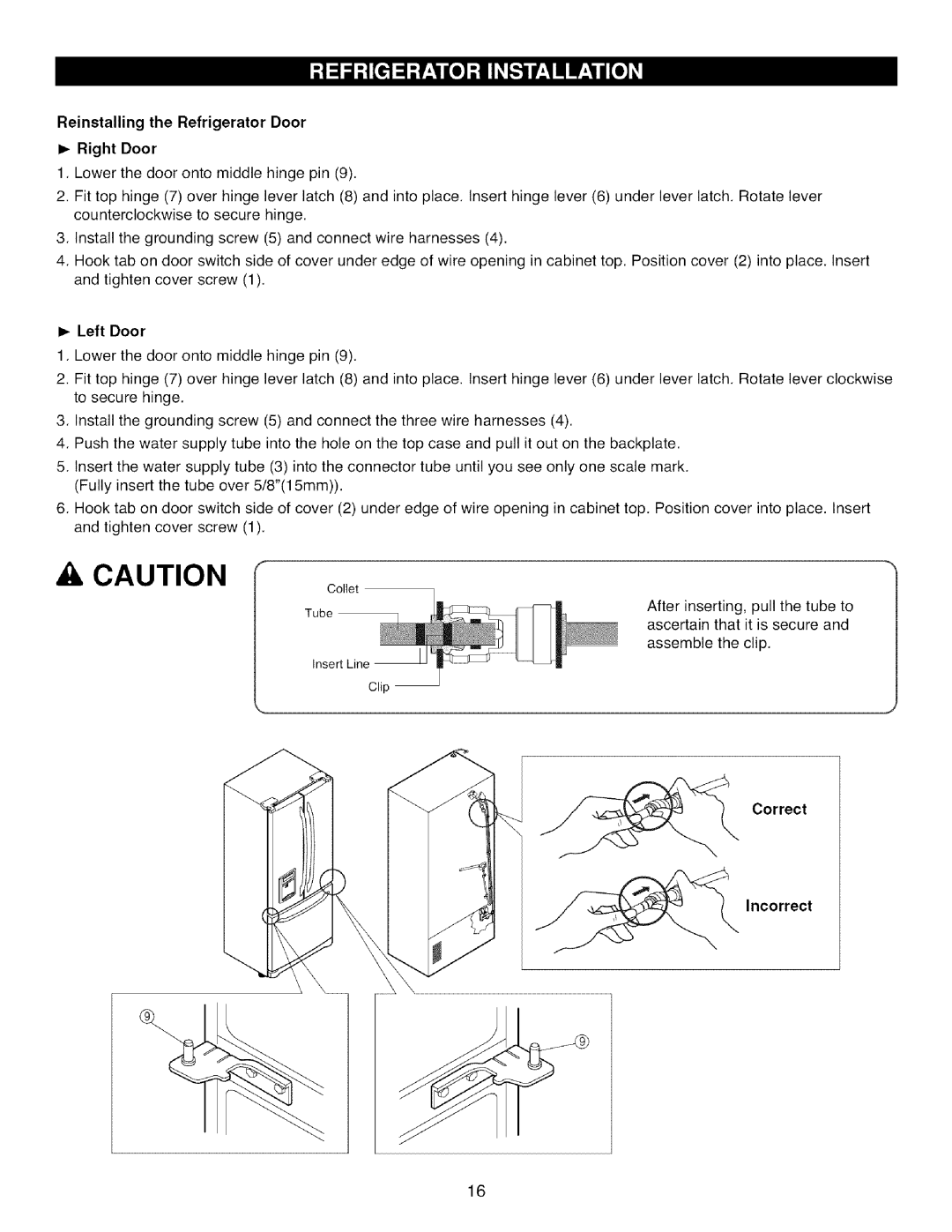 Kenmore 795.7871, 795.7872, 795.7855, 795.7854 Reinstalling the Refrigerator Door Right Door, Left Door, Correct Incorrect 