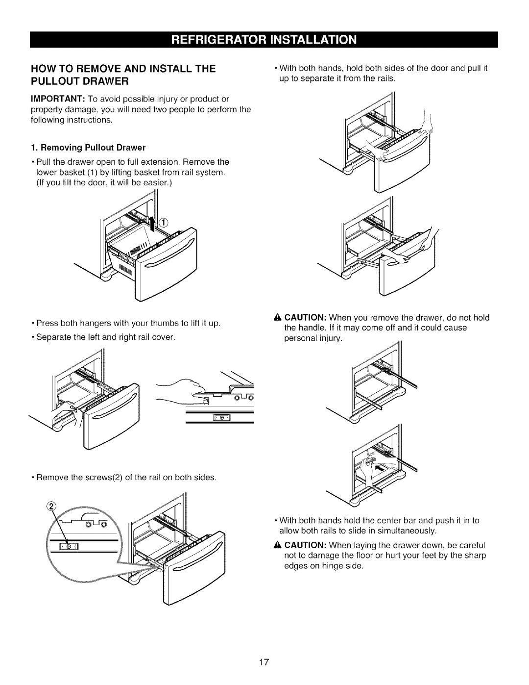 Kenmore 795.7872, 795.7871, 795.7855, 795.7854 manual HOW to Remove and Install Pullout Drawer, Removing Pullout Drawer 