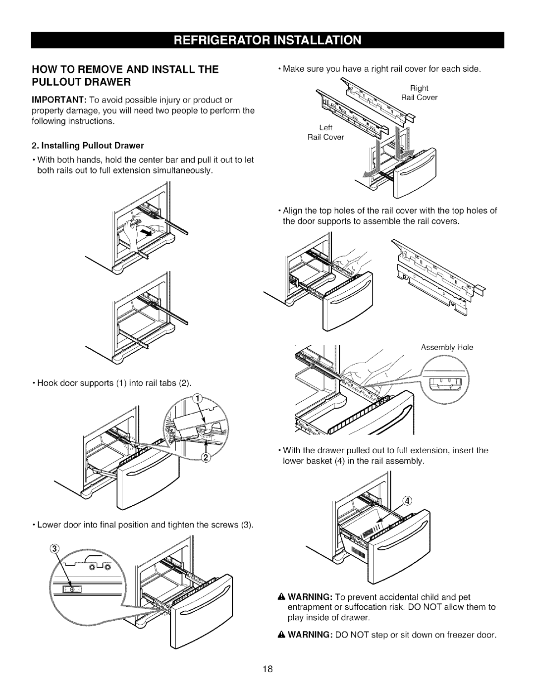 Kenmore 795.7855, 795.7871, 795.7872, 795.7854 manual Installing Pullout Drawer 