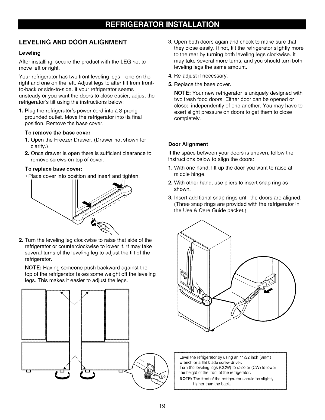 Kenmore 795.7854, 795.7871, 795.7872, 795.7855 manual Leveling and Door Alignment 