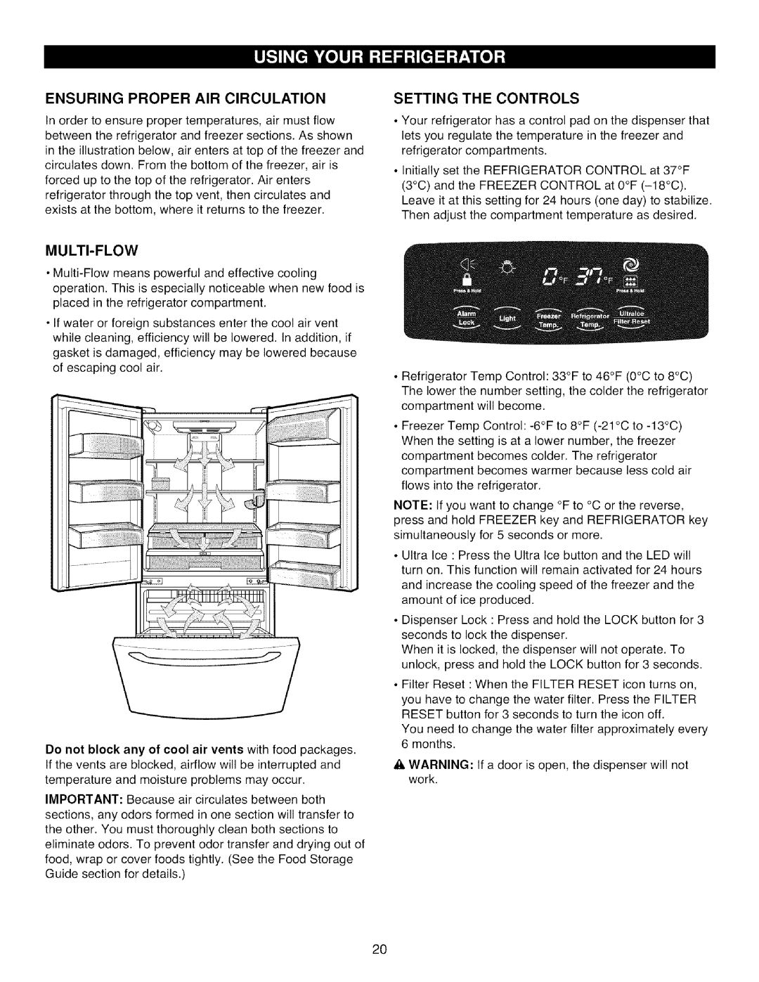 Kenmore 795.7871, 795.7872, 795.7855, 795.7854 manual Ensuring Proper AIR Circulation, Setting the Controls, Multi-Flow 