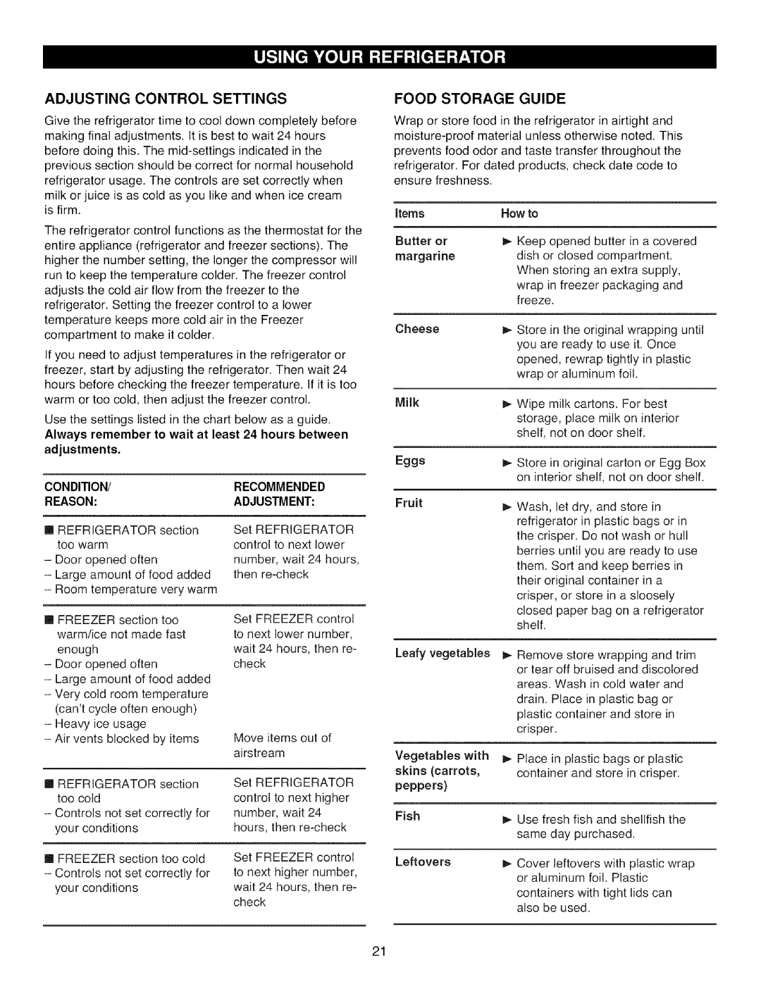 Kenmore 795.7872, 795.7871, 795.7855 Adjusting Control Settings, Food Storage Guide, Items How to, MiJk, Leafy vegetables 