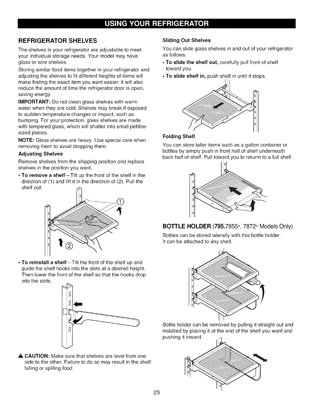 Kenmore 795.7854, 795.7871, 795.7872, 795.7855 manual Refrigerator Shelves, Sliding Out Shelves, Folding Shelf 