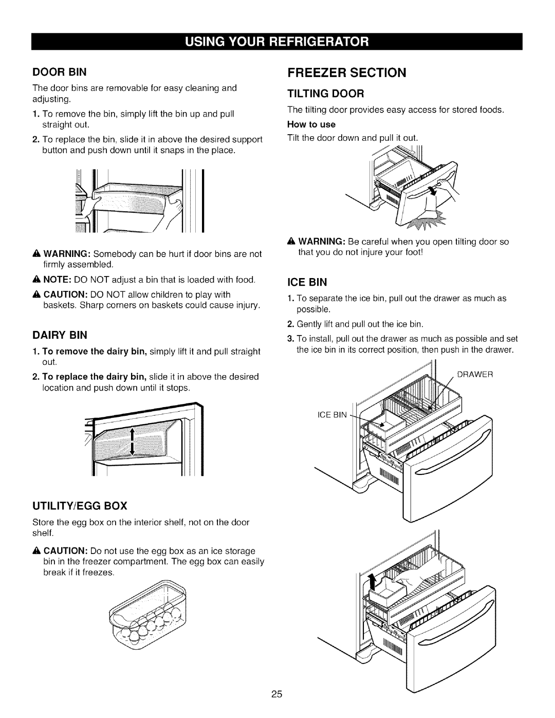 Kenmore 795.7872, 795.7871, 795.7855, 795.7854 manual Door BIN, Dairy BIN, Utility/Egg Box, Tilting Door, Ice Bin 