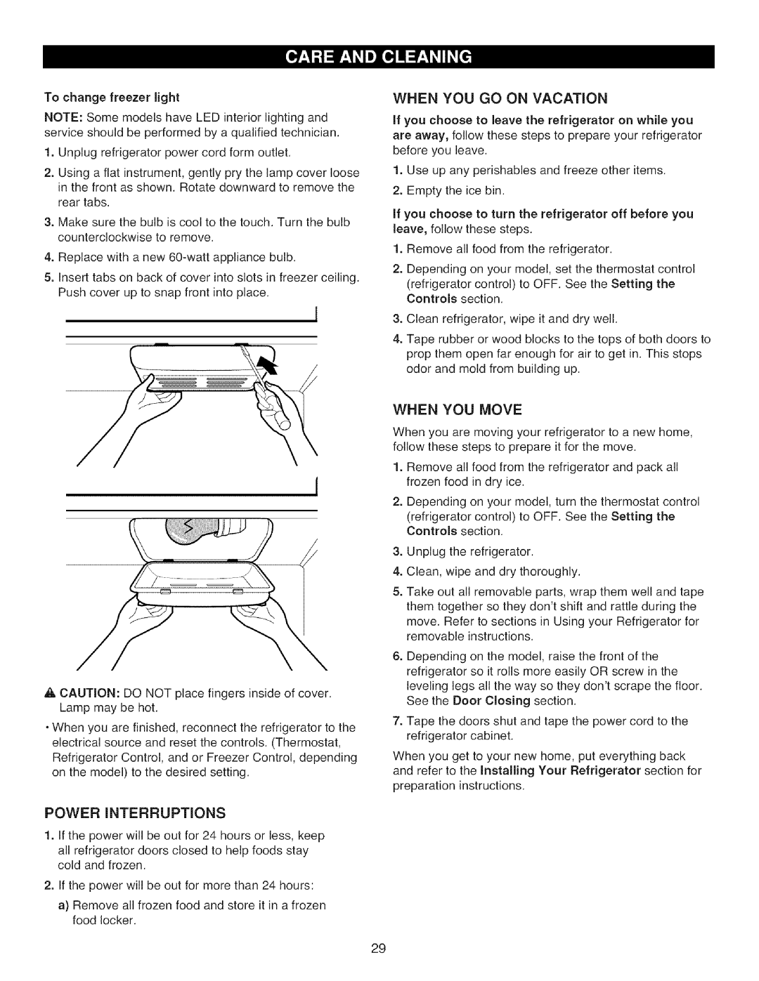 Kenmore 795.7872, 795.7871, 795.7855, 795.7854 manual When YOU GO on Vacation, When YOU Move, To change freezer light 