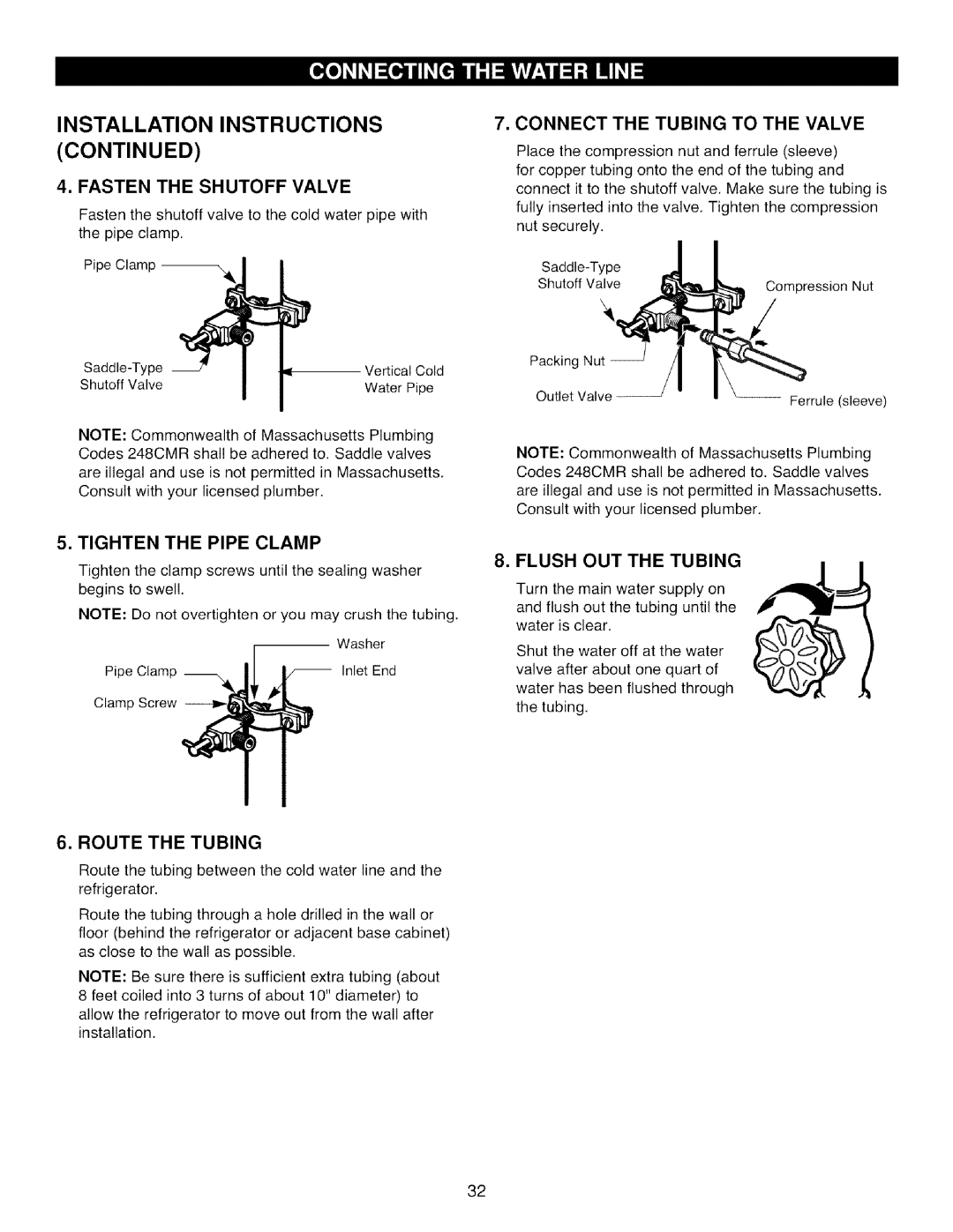 Kenmore 795.7871 Fasten the Shutoff Valve, Connect the Tubing to the Valve, Tighten the Pipe Clamp, Flush OUT the Tubing 