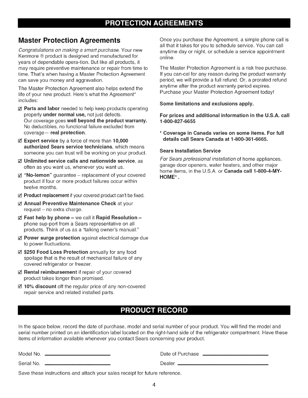 Kenmore 795.7871, 795.7872, 795.7855, 795.7854 manual Master Protection Agreements 