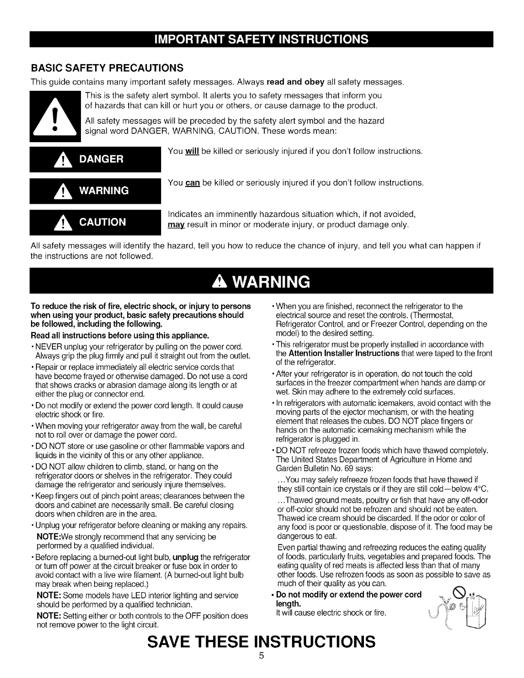 Kenmore 795.7872, 795.7871, 795.7855, 795.7854 manual Basic Safety Precautions 