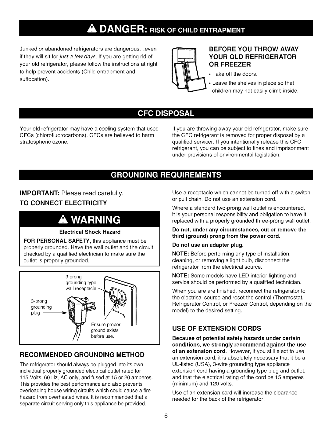 Kenmore 795.7855 To Connect Electricity, Recommended Grounding Method, USE of Extension Cords, Electrical Shock Hazard 