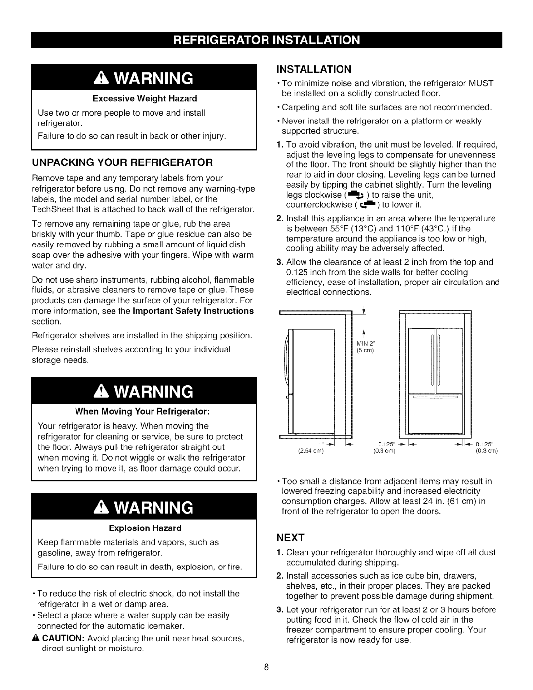 Kenmore 795.7871, 795.7872, 795.7855, 795.7854 manual Unpacking Your Refrigerator, Installation, Next 