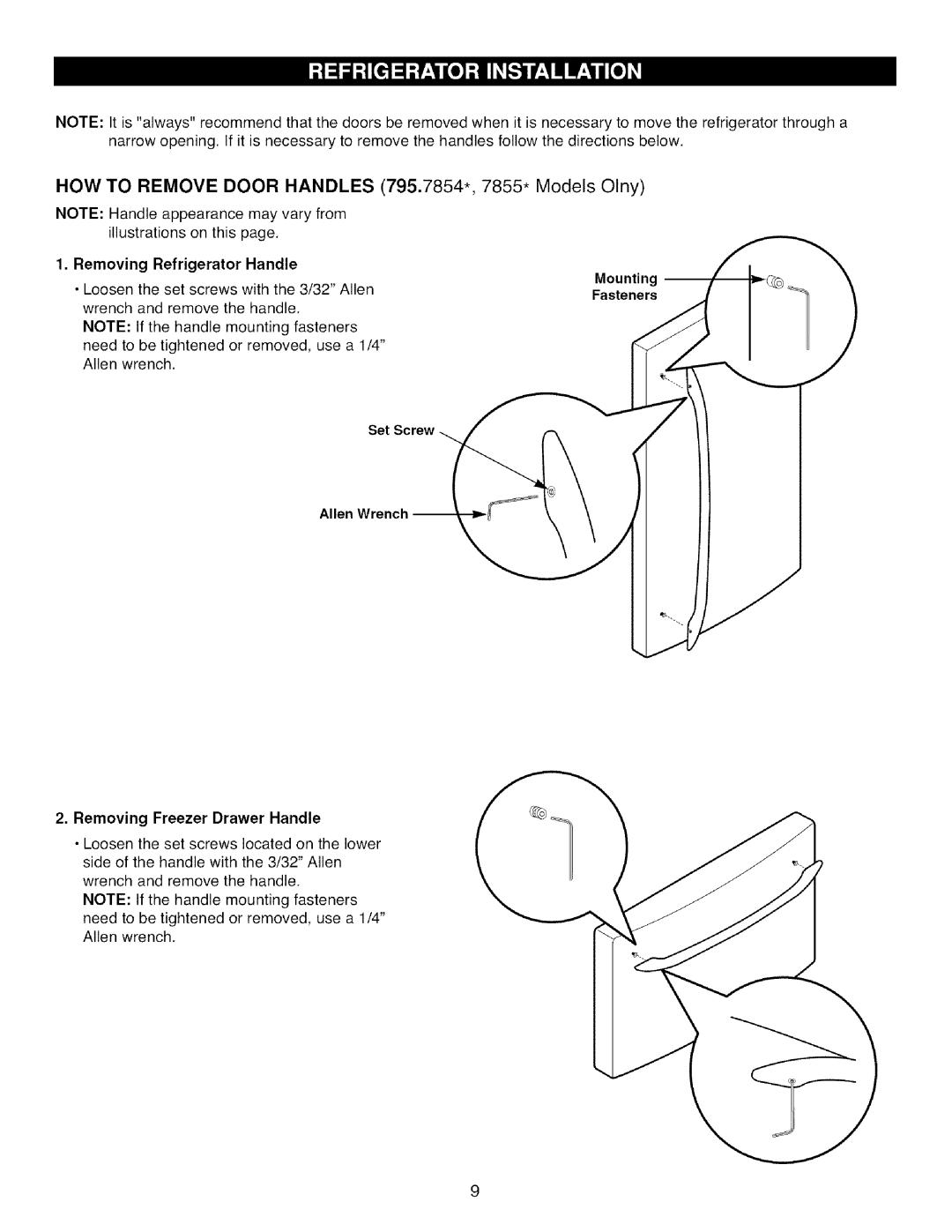 Kenmore 795.7872, 795.7871, 795.7855, 795.7854 manual Removing Refrigerator Handle, Removing Freezer Drawer Handle 