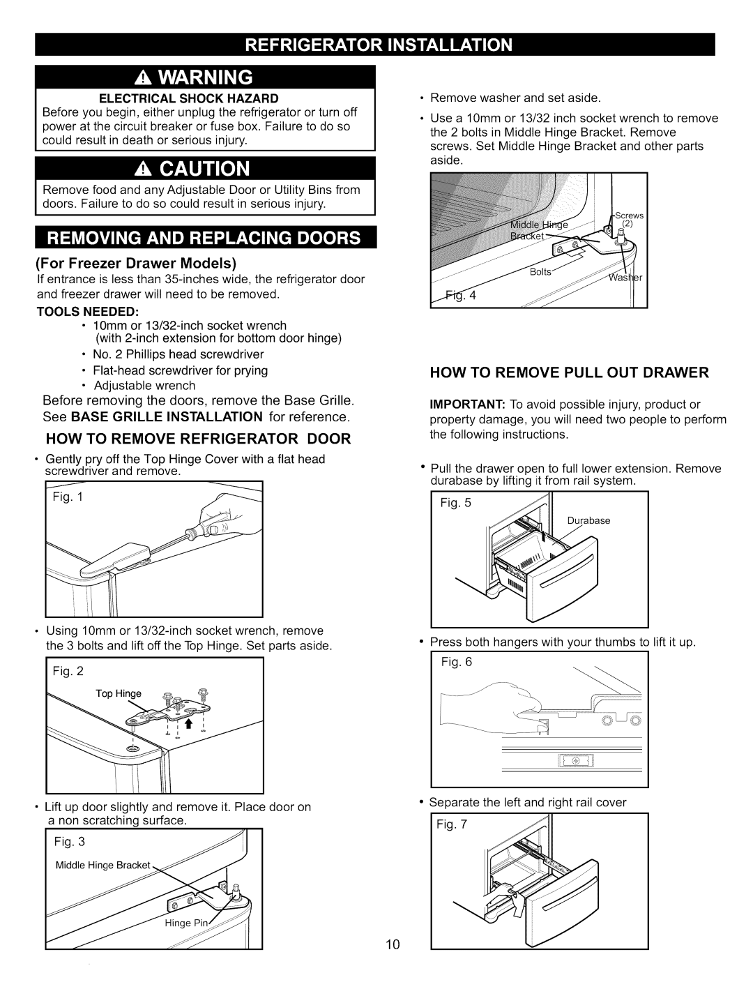 Kenmore 795.7809, 795.7900 manual For Freezer Drawer Models, HOW to Remove Refrigerator Door, HOW to Remove Pull OUT Drawer 