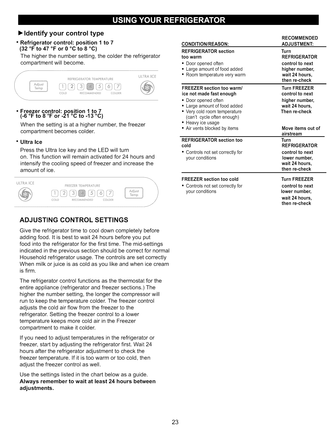 Kenmore 795.76200, 795.7900, 795.6900, 795.6827, 795.7827, 795.7809 manual Adjusting Control Settings, Refrigerator 