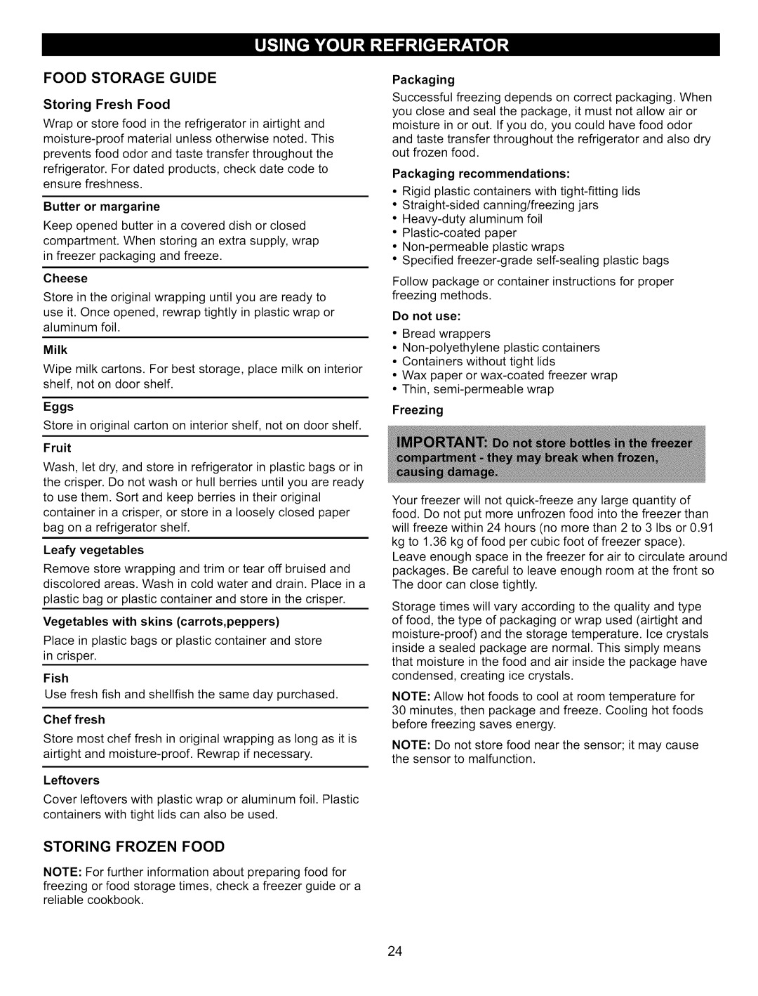 Kenmore 795.7900, 795.6900, 795.6827, 795.7827, 795.7809, 795.76200 manual Food Storage Guide, Storing Frozen Food 