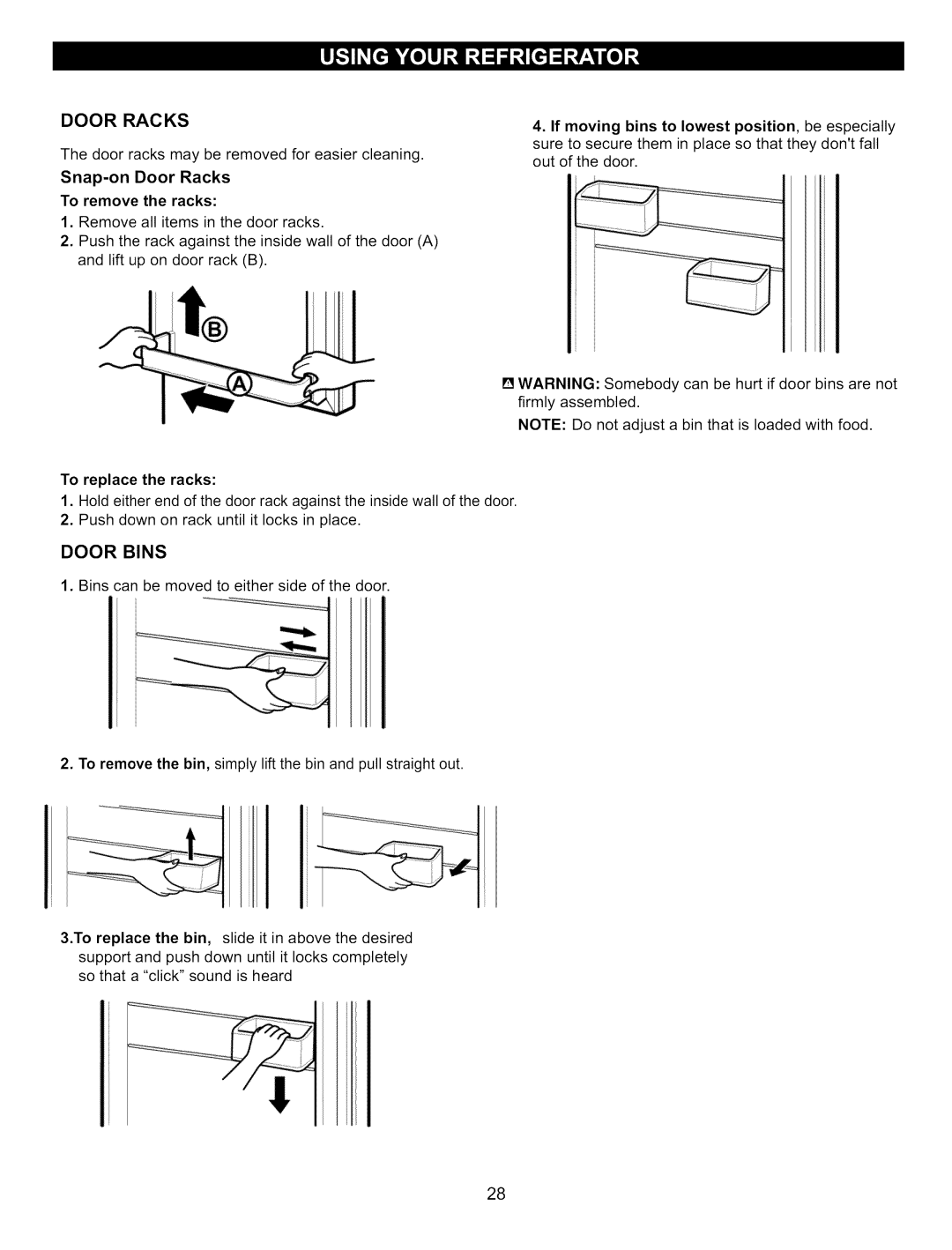 Kenmore 795.7809, 795.7900, 795.6900, 795.6827, 795.7827, 795.76200 manual Door Racks, Door Bins 