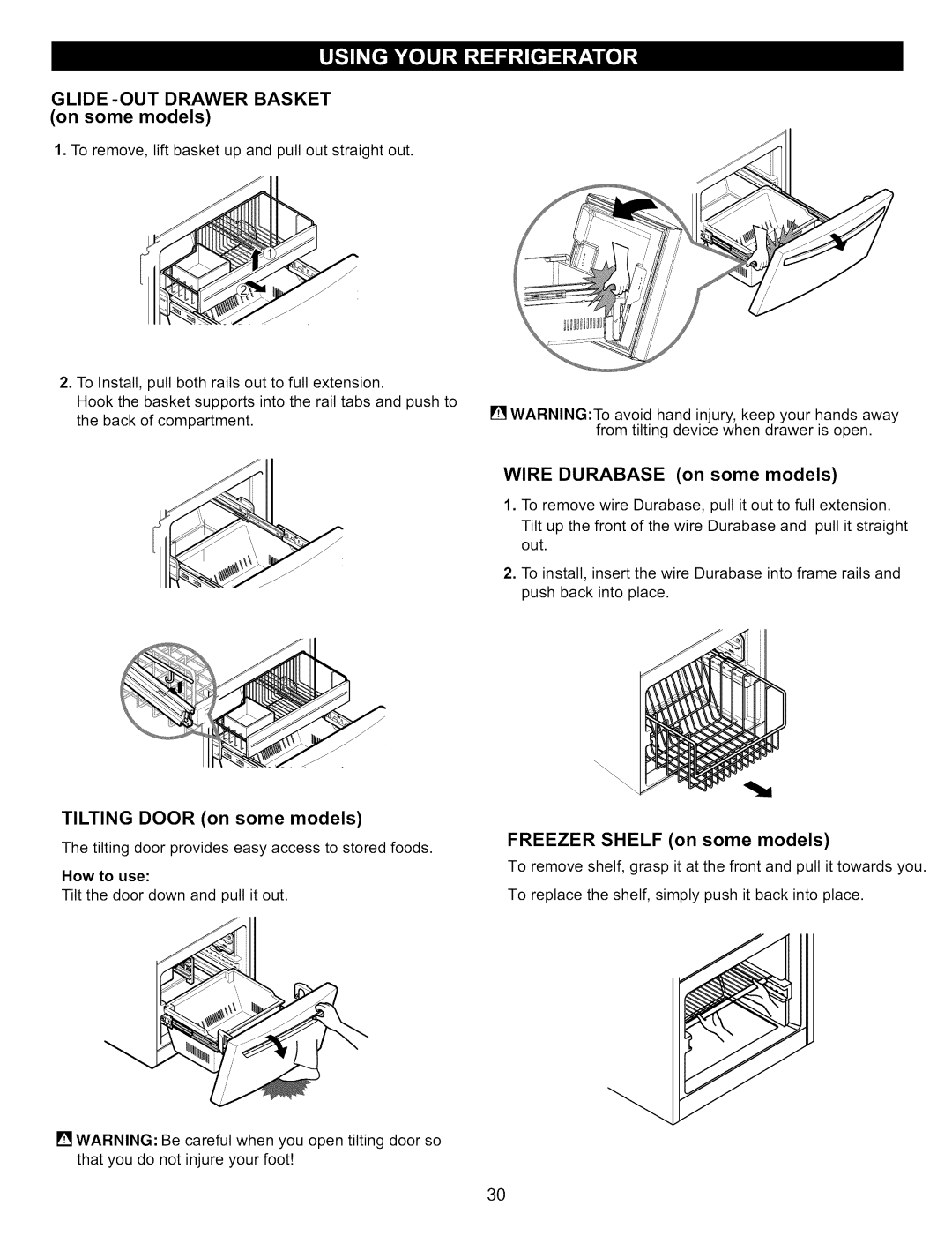 Kenmore 795.7900 manual GLIDE-OUT Drawer Basket on some models, Tilting Door on some models, Wire Durabase on some models 