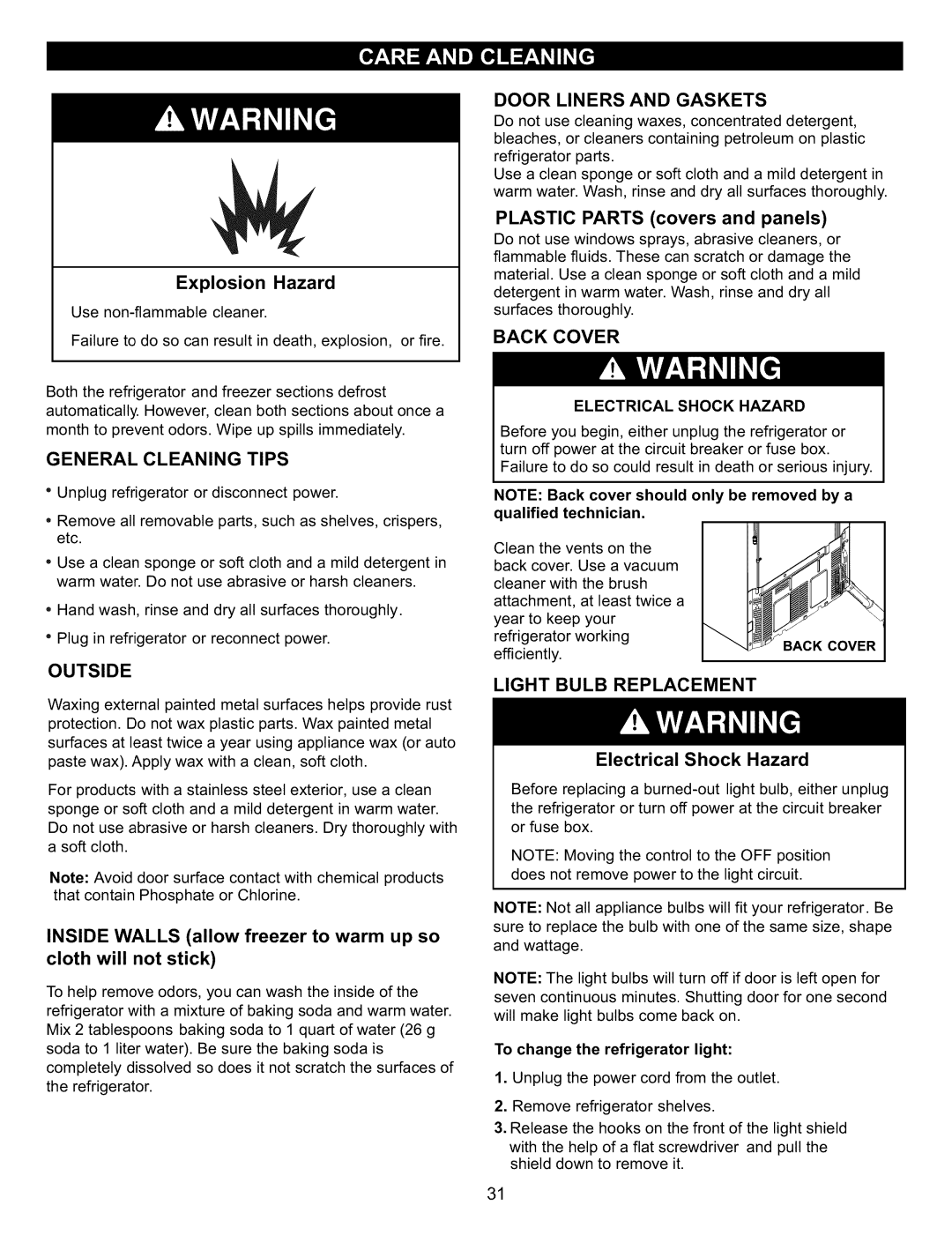 Kenmore 795.6900, 795.7900, 795.6827 manual General Cleaning Tips, Outside, Door Liners and Gaskets, Light Bulb Replacement 