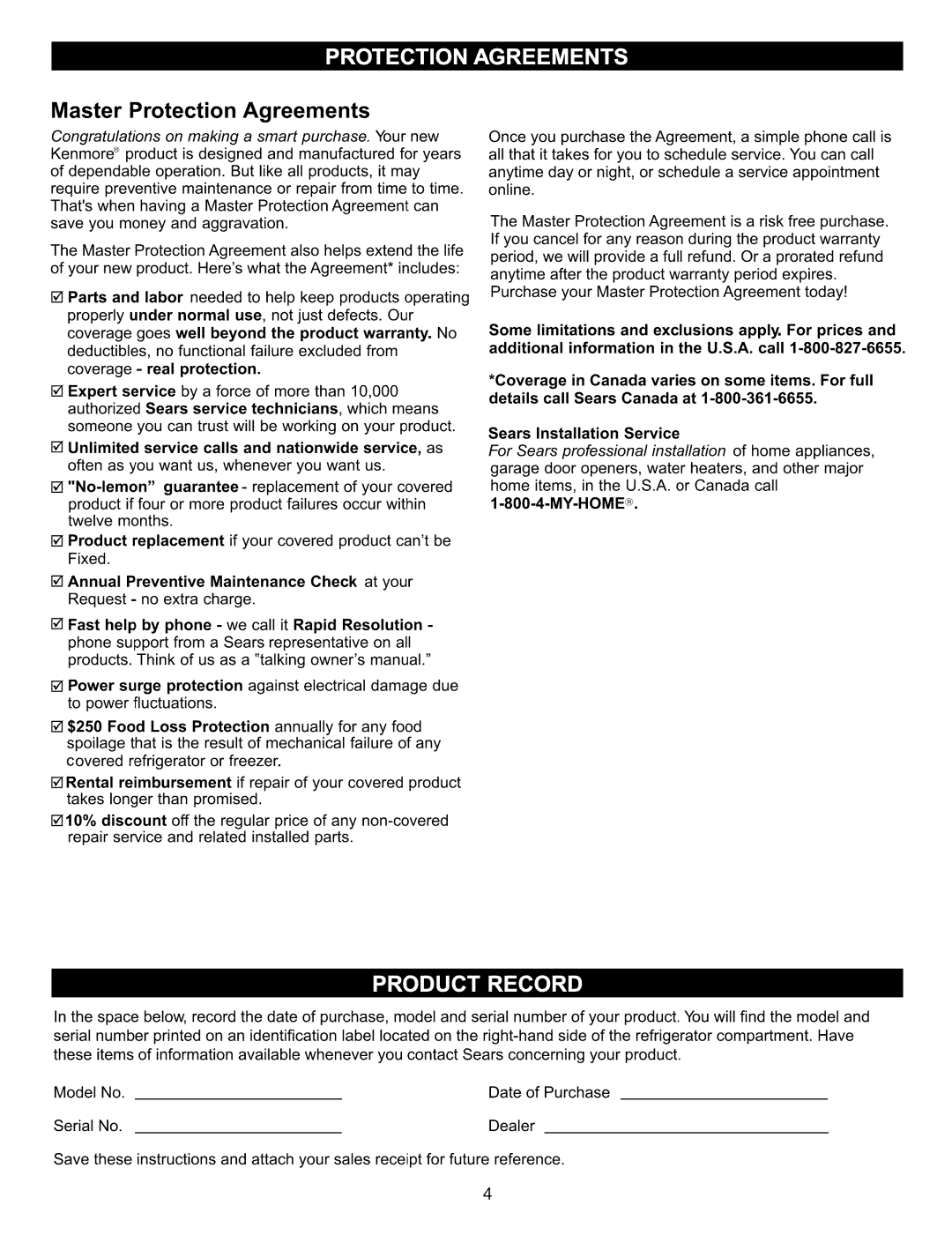 Kenmore 795.7809, 795.7900, 795.6900, 795.6827, 795.7827, 795.76200 manual Master Protection Agreements 