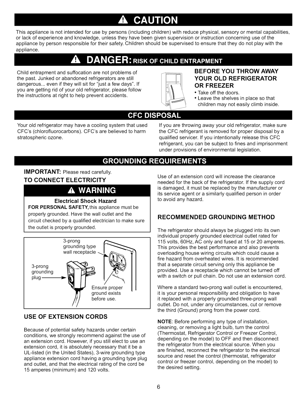 Kenmore 795.7900, 795.6900, 795.6827 Before YOU Throw Away Your OLD Refrigerator Or Freezer, Recommended Grounding Method 