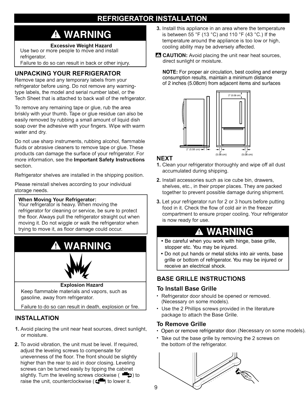 Kenmore 795.7827, 795.7900 Unpacking Your Refrigerator, Installation, Base Grille Instructions, To Install Base Grille 