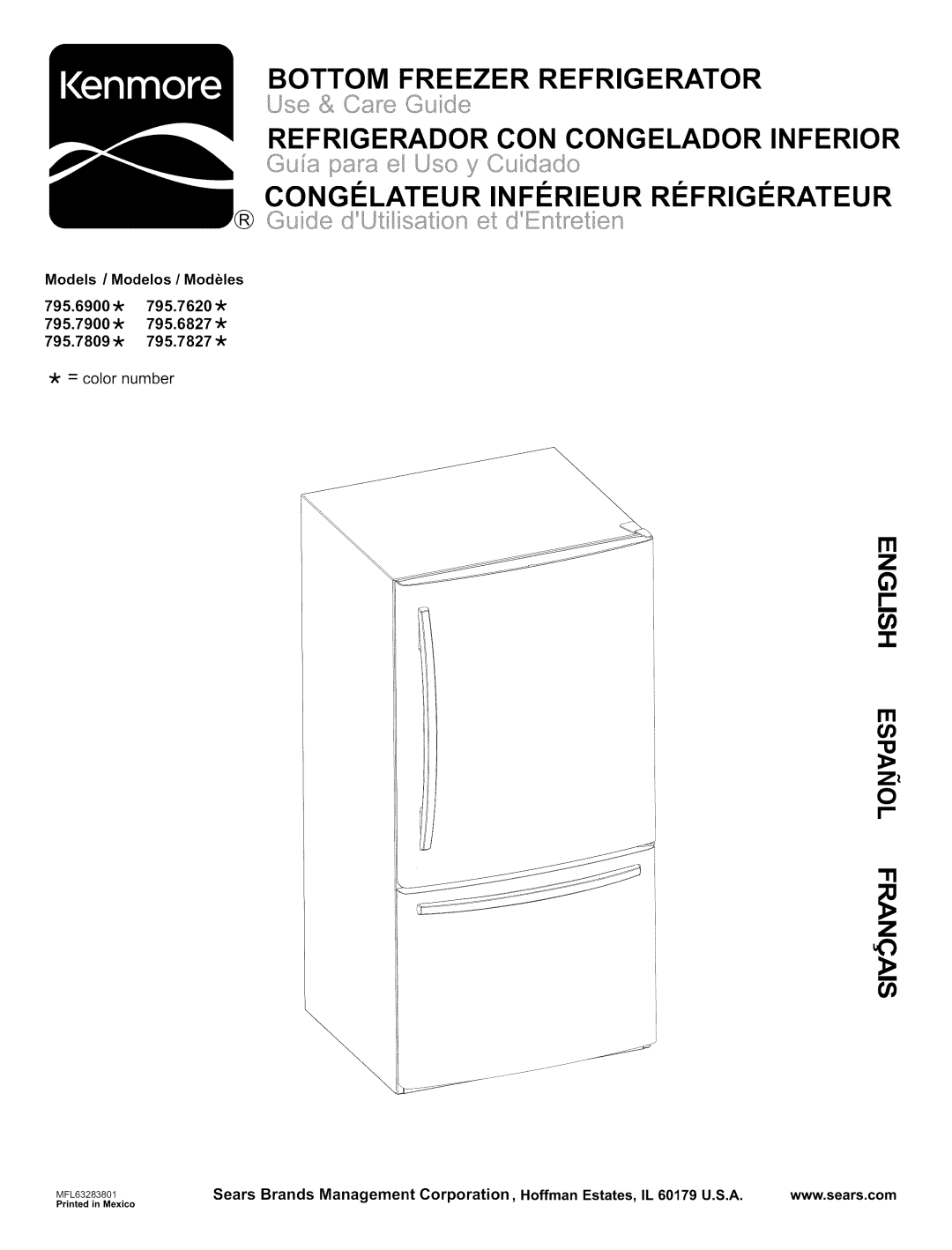 Kenmore 795.6900, 795.7900, 795.6827, 795.7827 manual Bottom Freezer Refrigerator, Refrigerador Con Congelador Inferior 