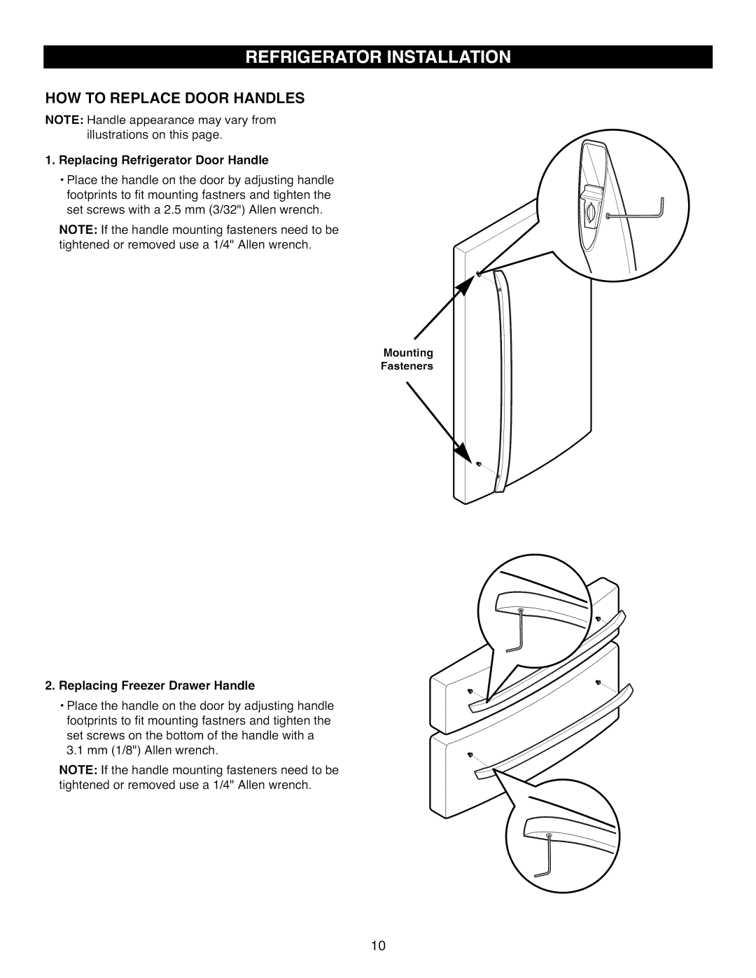 Kenmore 795.7977 manual HOW to Replace Door Handles, Replacing Refrigerator Door Handle, Replacing Freezer Drawer Handle 