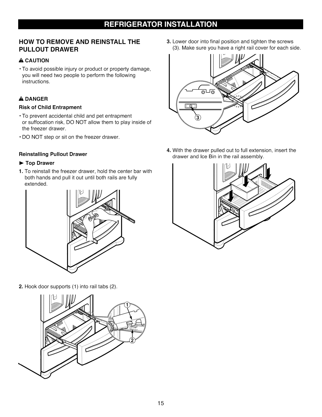 Kenmore 795.7977 manual Risk of Child Entrapment, Reinstalling Pullout Drawer Top Drawer 