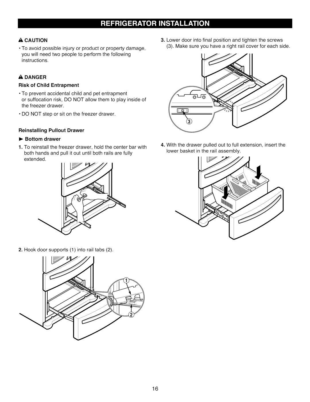 Kenmore 795.7977 manual Reinstalling Pullout Drawer Bottom drawer 