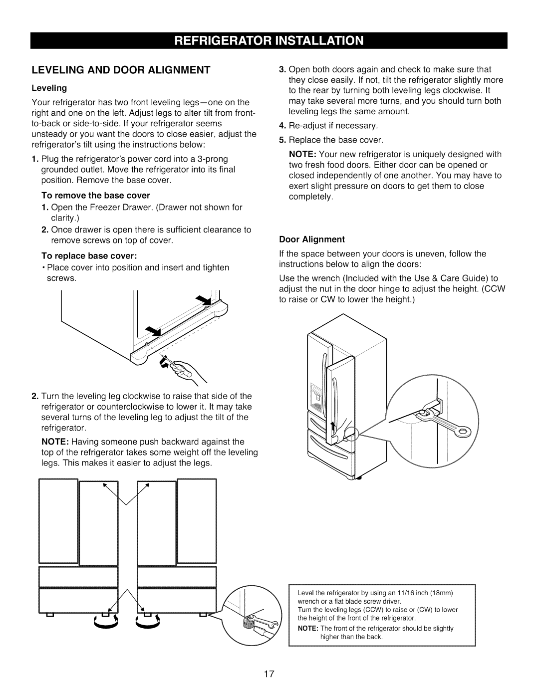 Kenmore 795.7977 manual Leveling and Door Alignment, To remove the base cover 