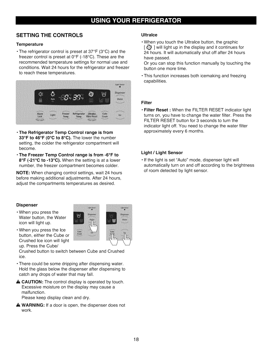 Kenmore 795.7977 manual Dispenser, Ultralce, Filter, Light / Light Sensor 