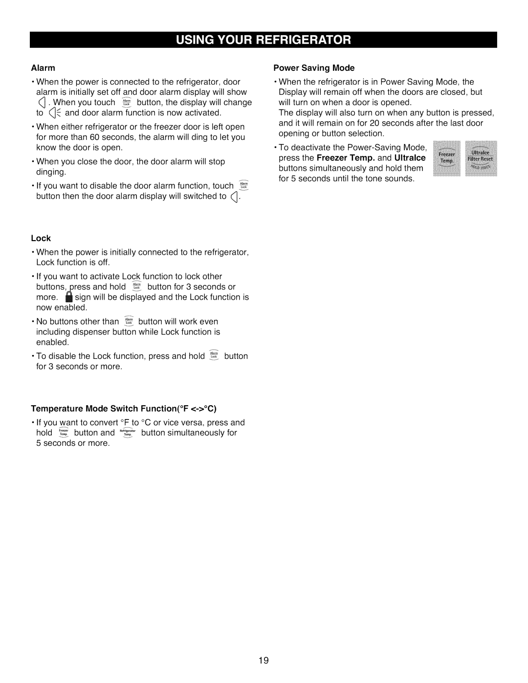 Kenmore 795.7977 manual Alarm, Lock, Temperature Mode Switch FunctionF -C, Power Saving Mode 