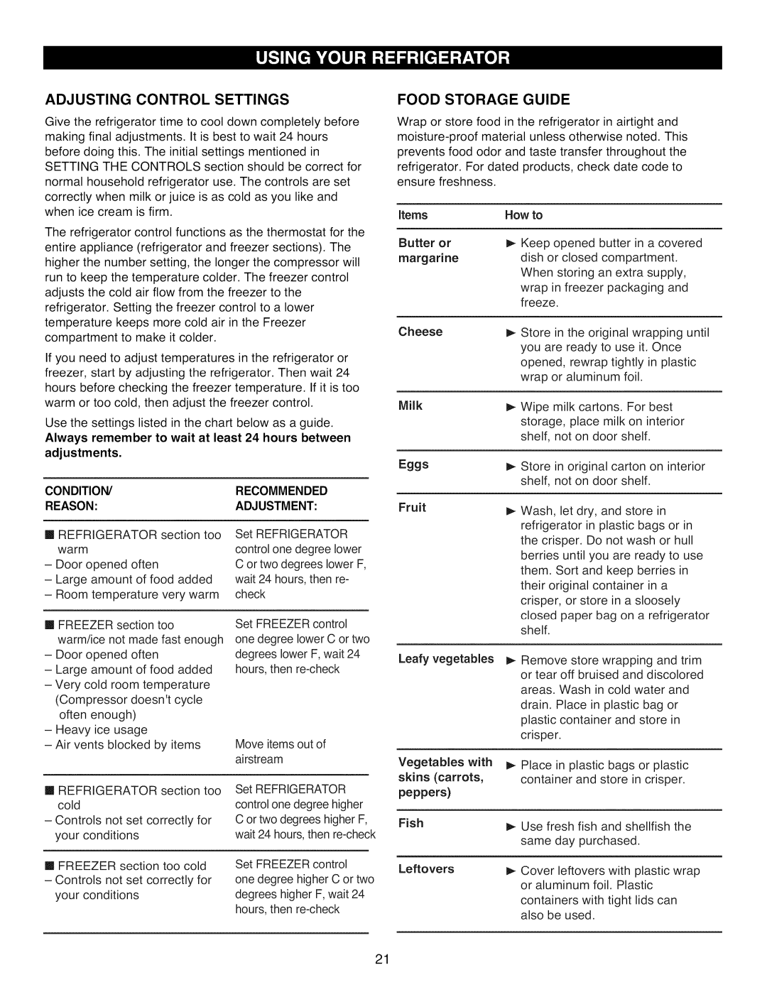 Kenmore 795.7977 manual Adjusting Control Settings, Food Storage Guide 