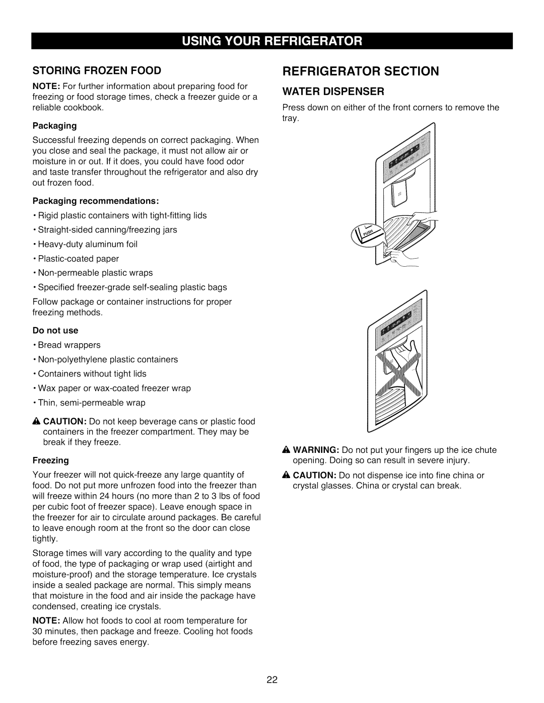 Kenmore 795.7977 manual Storing Frozen Food, Water Dispenser, Packaging recommendations 