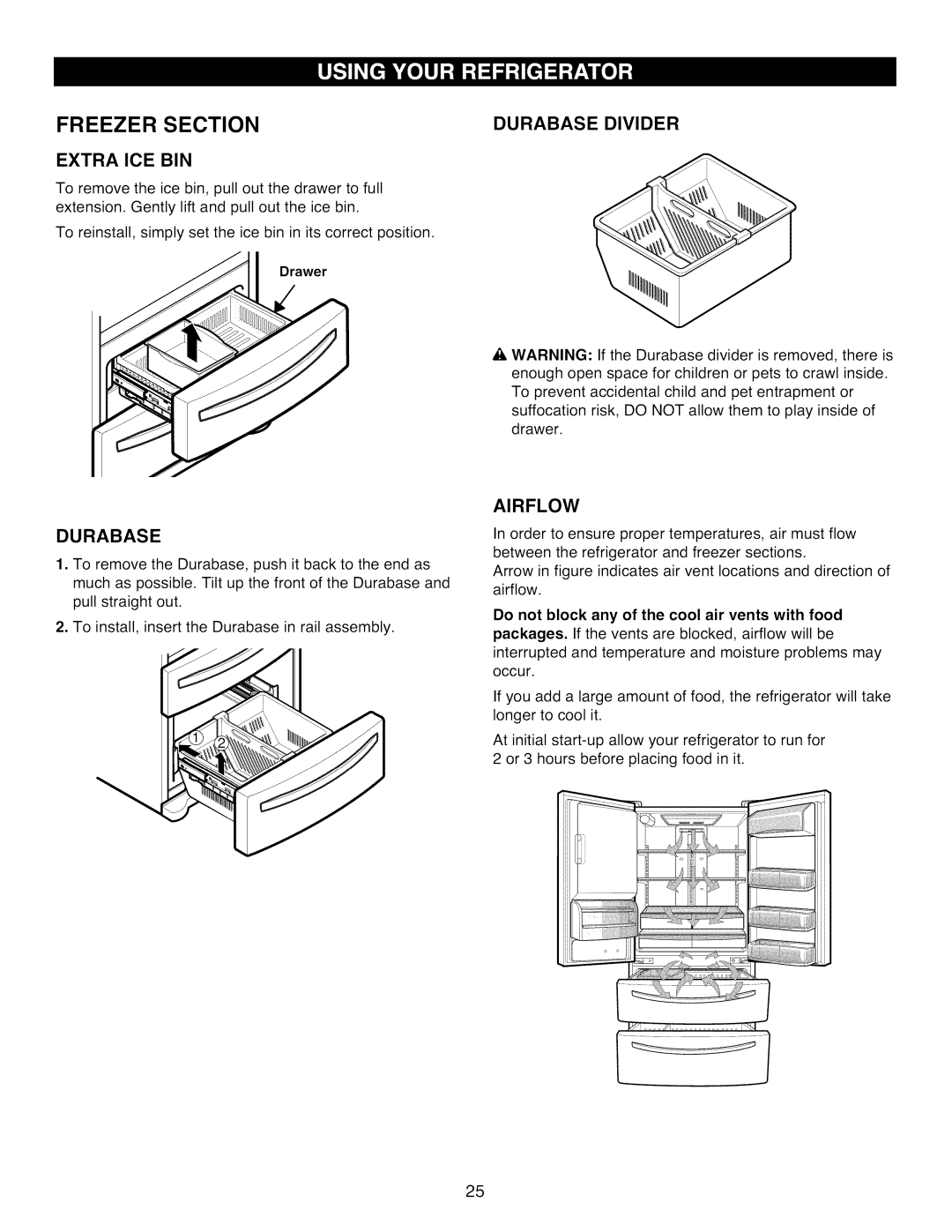 Kenmore 795.7977 manual Durabase Divider Extra ICE BIN, Airflow, Do not block any of the cool air vents with food 