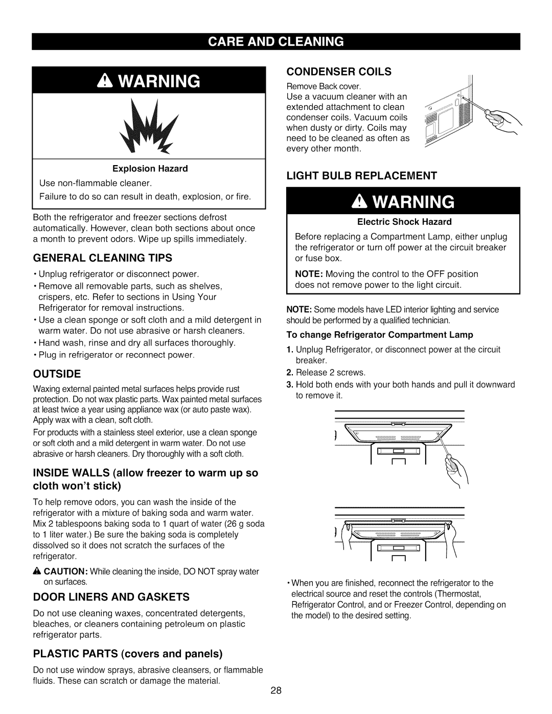 Kenmore 795.7977 manual General Cleaning Tips, Outside, Door Liners and Gaskets, Condenser Coils, Light Bulb Replacement 