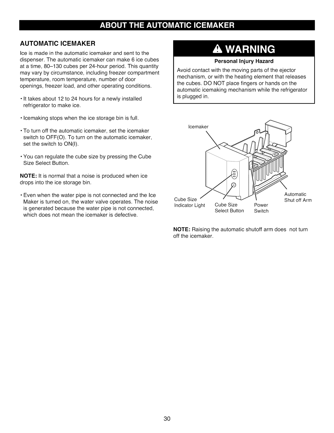 Kenmore 795.7977 manual Automatic Icemaker, Personal Injury Hazard 