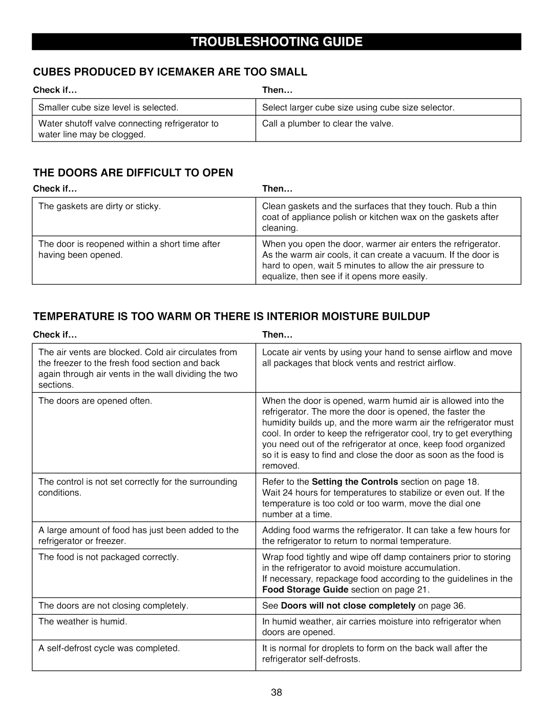Kenmore 795.7977 manual Cubes Produced by Icemaker are TOO Small, Doors are Difficult to Open, Is Interior Moisture Buildup 