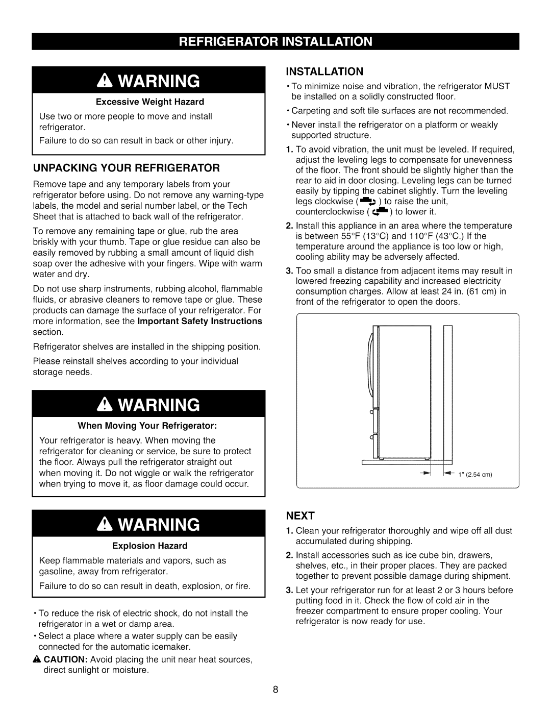 Kenmore 795.7977 manual Unpacking Your Refrigerator, Installation, When Moving Your Refrigerator 