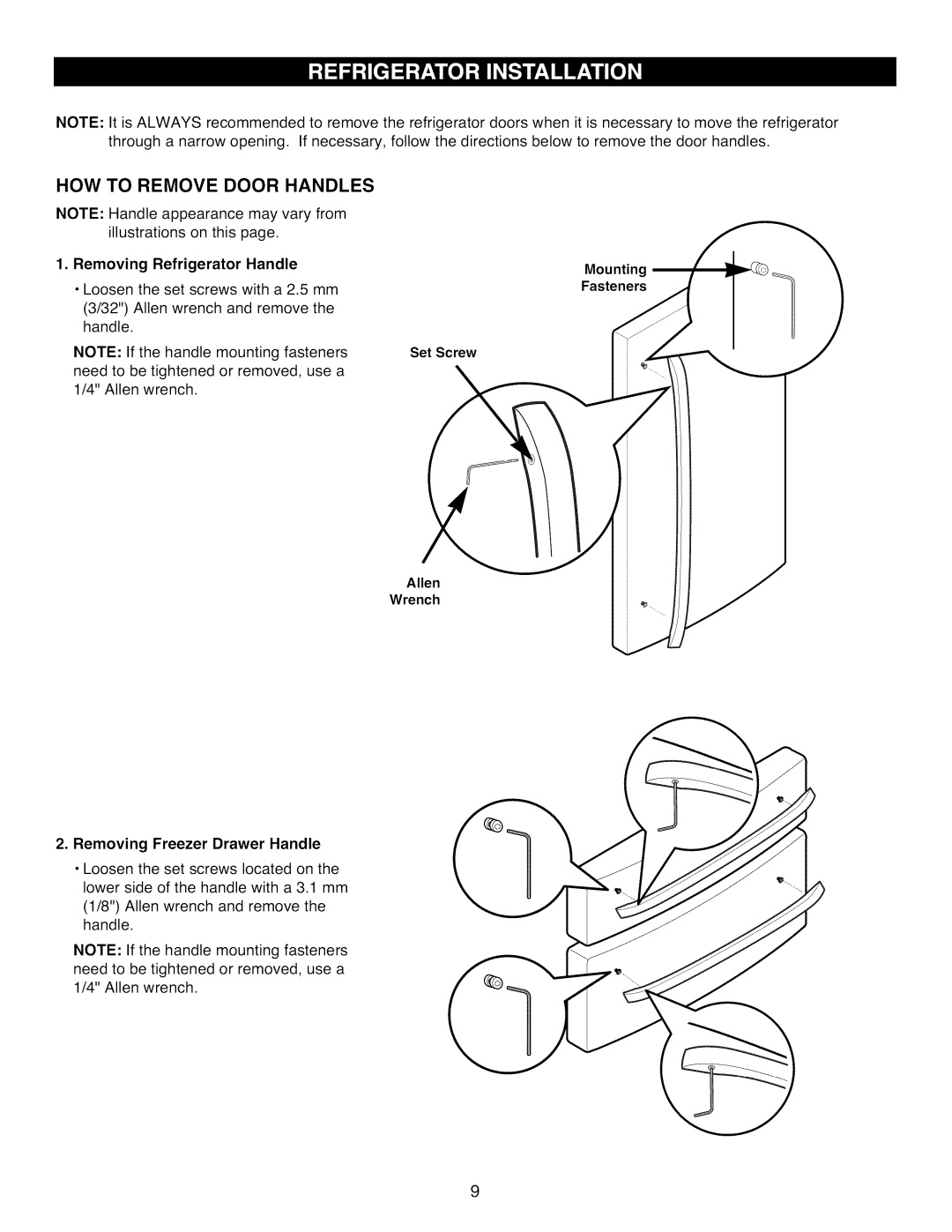 Kenmore 795.7977 manual HOW to Remove Door Handles, Removing Refrigerator Handle, Removing Freezer Drawer Handle 