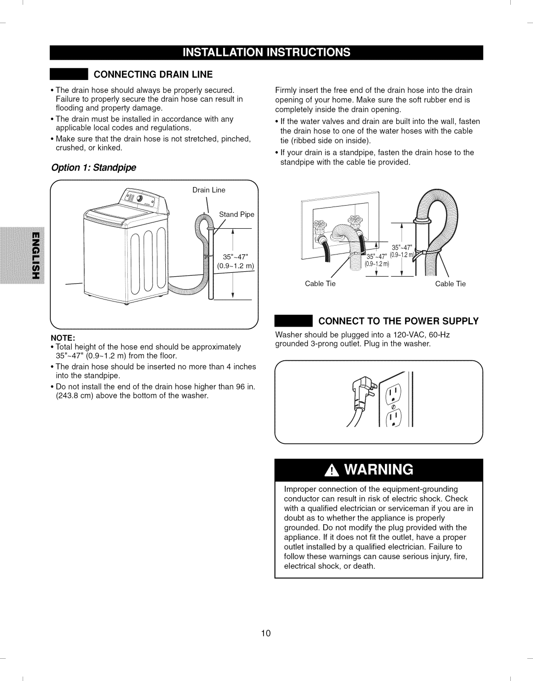 Kenmore 796.292796 manual Connecting Drain Line, Option 1 Standpipe, Connect to the Power Supply 