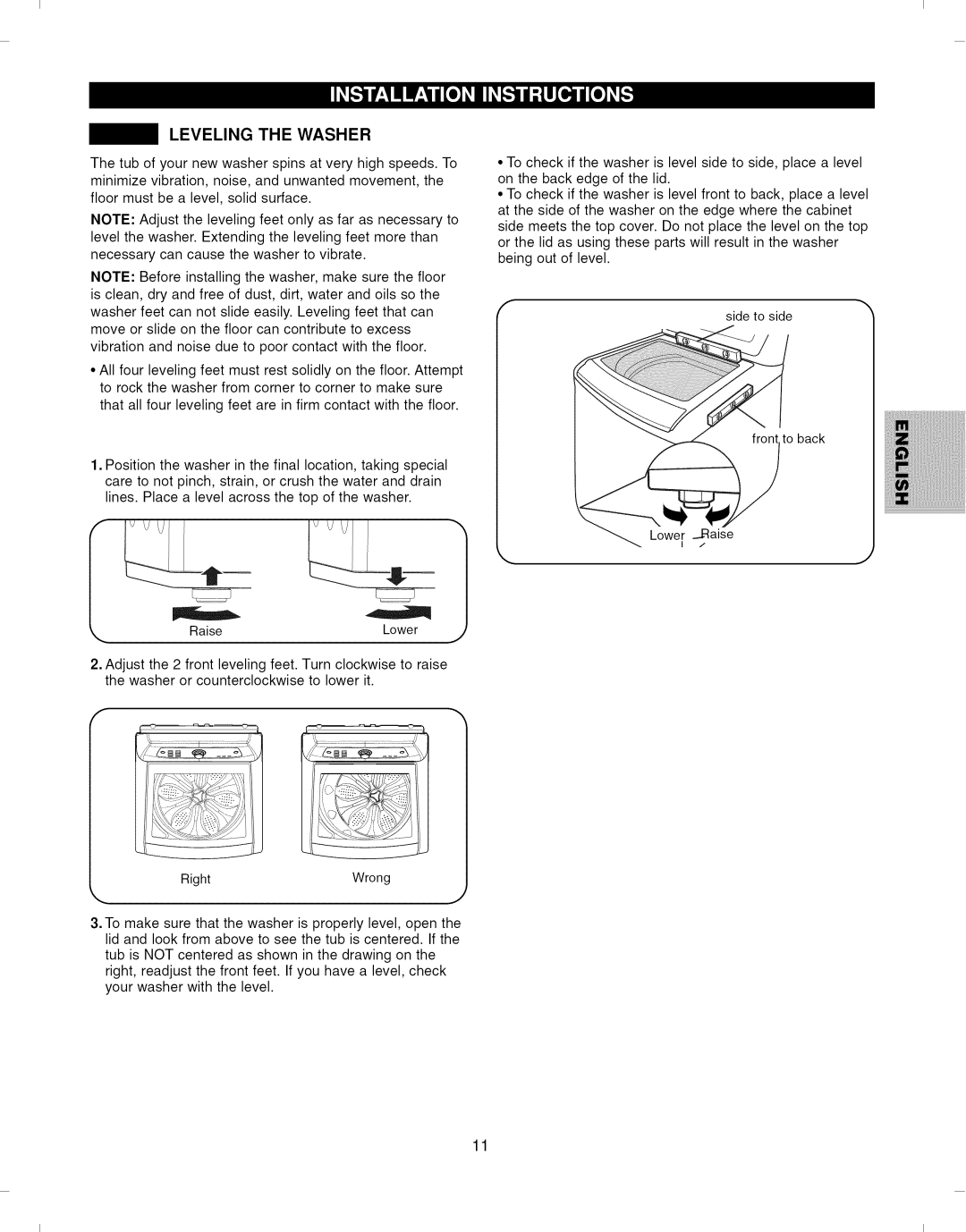 Kenmore 796.292796 manual Leveling the Washer 