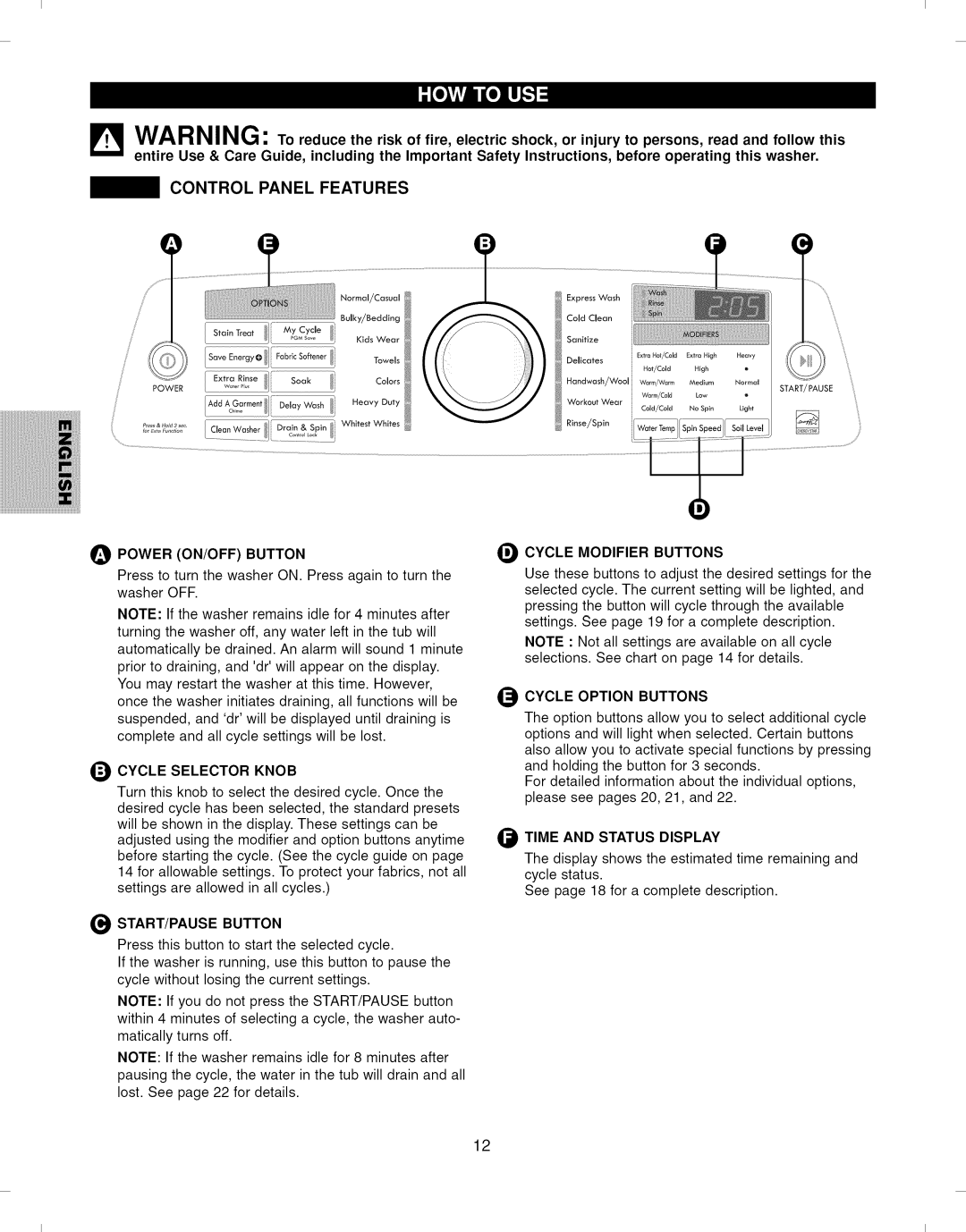 Kenmore 796.292796 manual Control Panel Features, Power ON/OFF Button, Cycle Modifier Buttons, Time and Status Display 