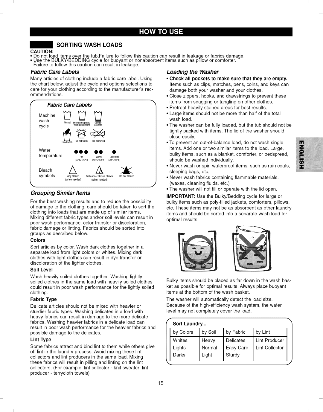 Kenmore 796.292796 manual Sorting Wash Loads, Fabric Care Labels, Grouping Similar Items, Loading the Washer, Sort Laundn 