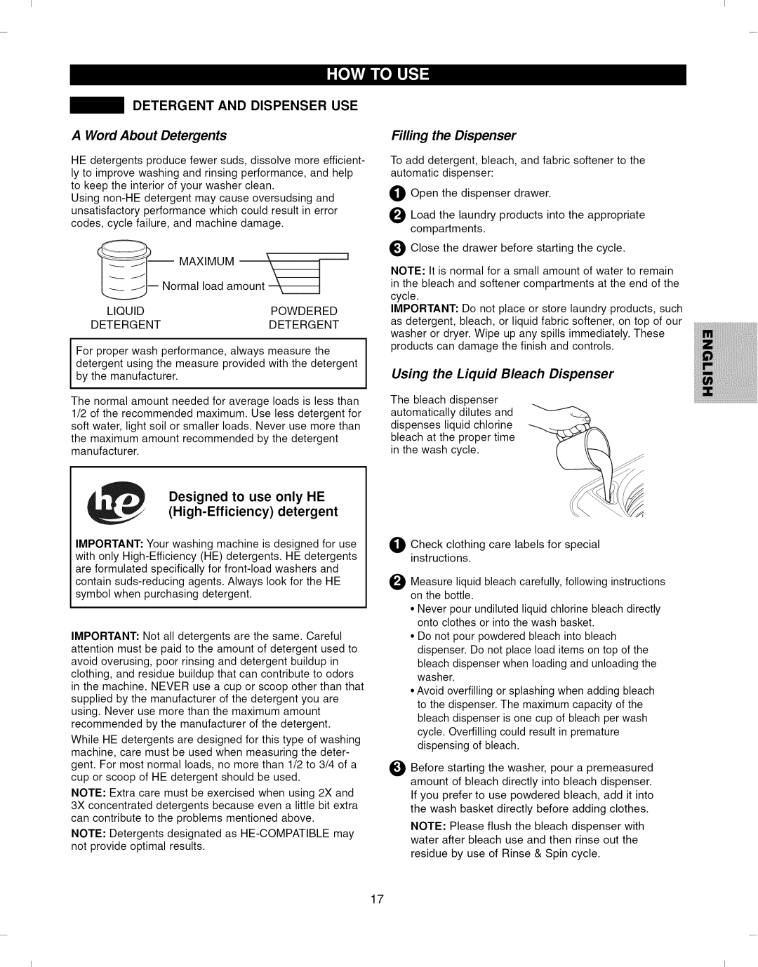 Kenmore 796.292796 manual Detergent and Dispenser USE, Word About Detergents, Riling the Dispenser, Designed to use only HE 