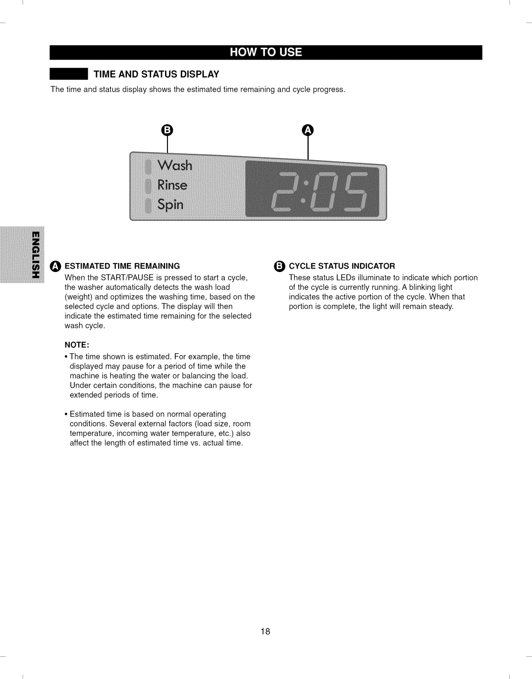 Kenmore 796.292796 manual Time and Status Display, Estimated Time Remaining, Cycle Status Indicator 