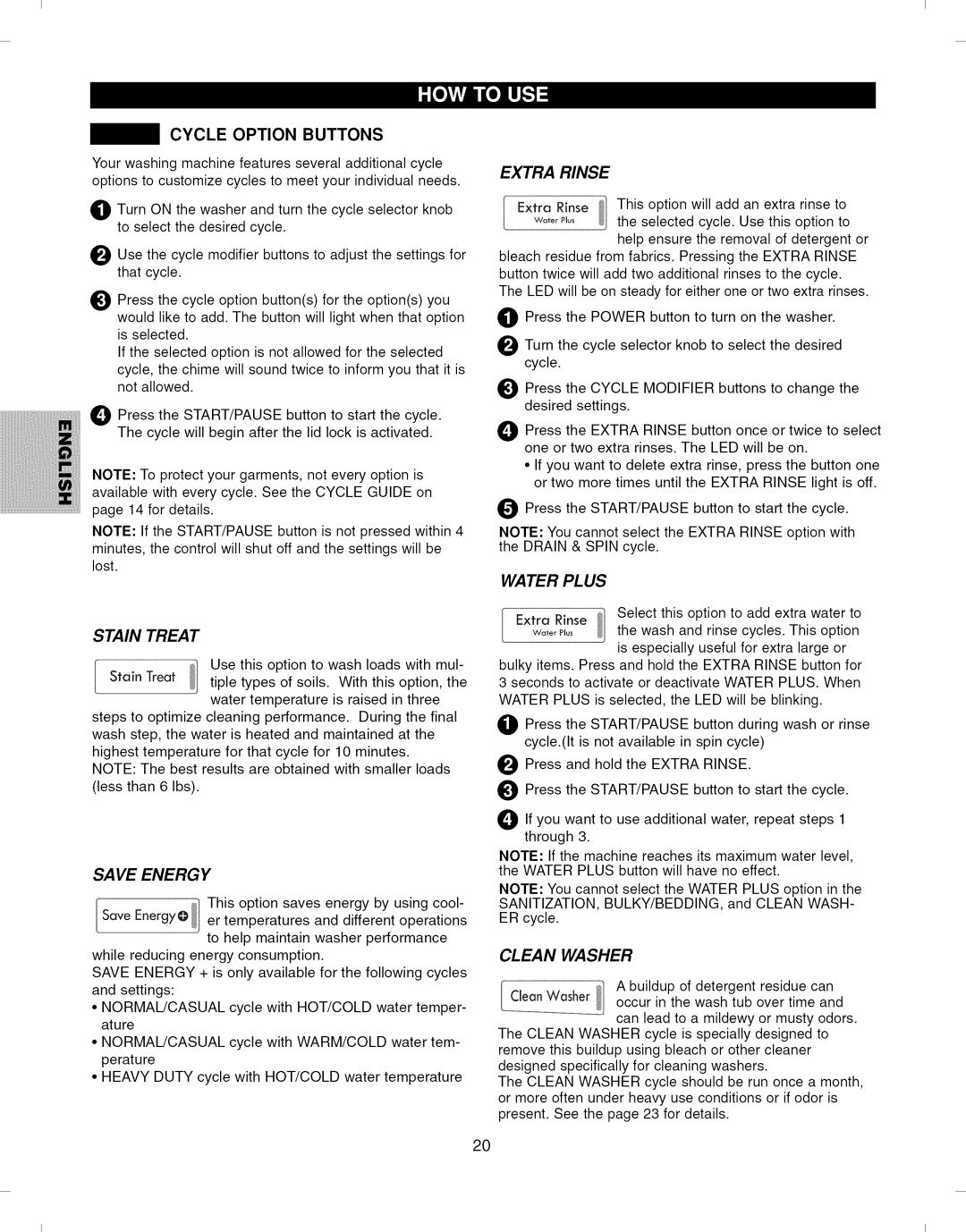 Kenmore 796.292796 manual Stain Treat, Save Energy, Extra Rinse 